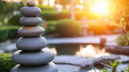Obraz premium Serene Zen Garden with Stacked Stones and Soft Sunset Glow