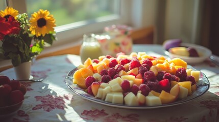 Fresh and Colorful Fruit Salad on a Table by Sunlit Window