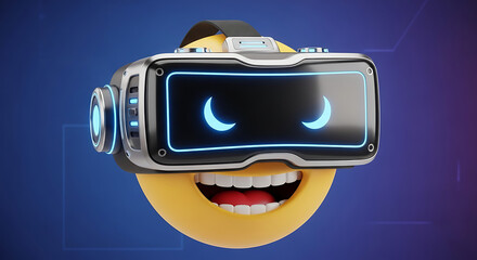 A yellow emoji wearing a vr headset with blue lights and a smiling expression on a blue background