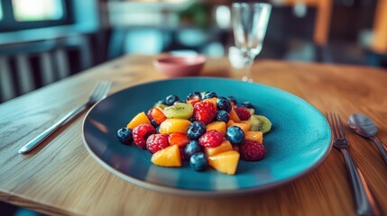 Fresh and Colorful Fruit Salad on Blue Plate in Modern Restaurant