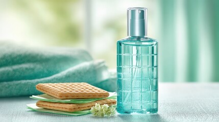 Fresh Aqua Perfume Bottle with Waffle Cookies on Soft Surface