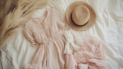 Soft Pink Dress and Straw Hat on White Bedding with Pampas Grass