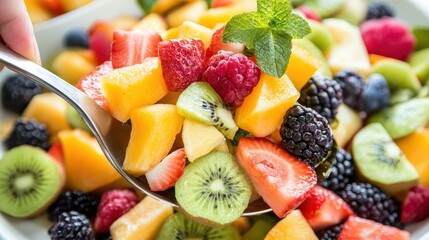 Fresh and Colorful Fruit Salad with Mint Garnish in Bowl