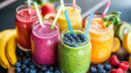 Fresh and Colorful Fruit Smoothies in Jars with Straw Details