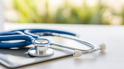 Stethoscope on Medical Tablet with Blurred Green Background
