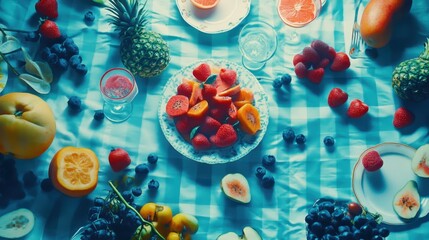 Fresh and Colorful Fruit Spread on a Blue Checkered Tablecloth
