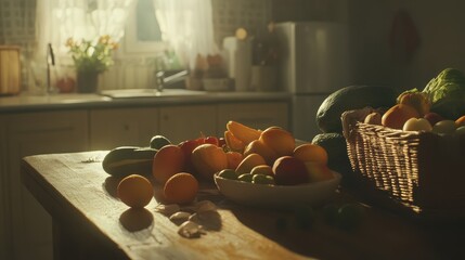 Fresh and Colorful Fruits and Vegetables in Cozy Kitchen Setting
