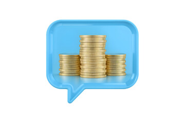 Blue Speech Bubble Icon with Three Stacks of Gold Coins Displayed as a Bar Chart on Transparent Background isolated on a transparent background