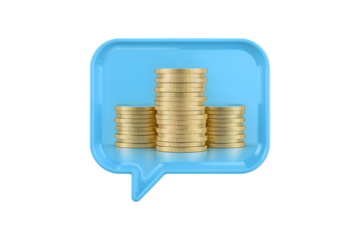 Blue Speech Bubble Icon with Three Stacks of Gold Coins Displayed as a Bar Chart on Transparent Background isolated on a transparent background