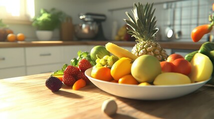 Fresh and Colorful Fruits in a Bright Kitchen Setting