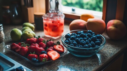 Fresh and Colorful Fruits on Kitchen Counter with Refreshing Drink