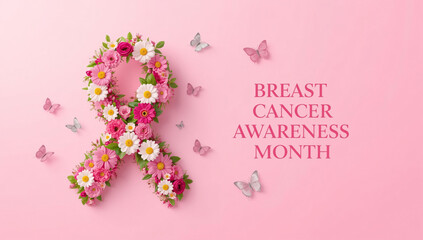 Breast Cancer Awareness Month Pink Ribbon with Flowers and Butterflies on Pastel Background – Symbol of Hope, Support, and Women’s Health Advocacy