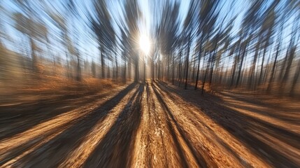 Sunlight Streaming Through a Blurred Forest Path at Sunrise