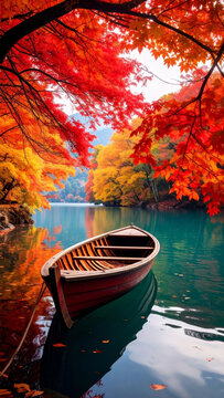 a boat on the water surrounded by fall trees phone wallpaper