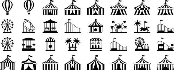 Carnival amusement park icons, black silhouette set, Ferris wheel, roller coaster, circus tent, hot air balloon, carousel, vector symbols