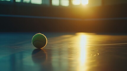 Tennis Ball on Court Floor During Sunset Light Reflection