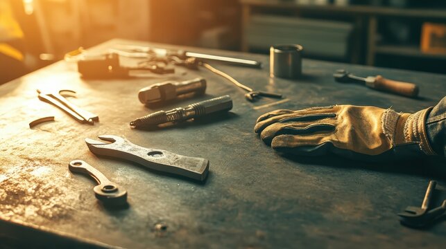 Tools and Workspace in Workshop with Warm Light and Focused Hands