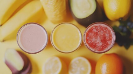 Fresh and Colorful Smoothies Surrounded by Vibrant Fruits and Citrus