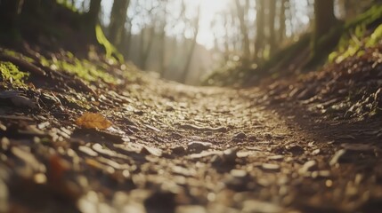 Tranquil Forest Pathway at Sunset with Sunlight Filtering Through Trees