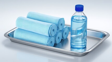Fresh Blue Towels and Water Bottle on Tray for Cleaning and Refreshing