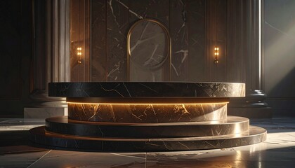 Close-up of podium base showing polished surface, structural strength, and dramatic interior style.