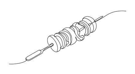 Line drawing of a sewing machine with thread and bobbin  