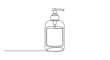 Line art illustration of a clear soap dispenser on a white background  