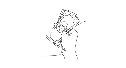 Hand holding cash bills in simple line art style  