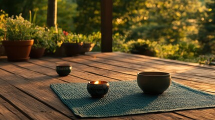 Tranquil Outdoor Setting with Bowls and Candle on Wooden Deck