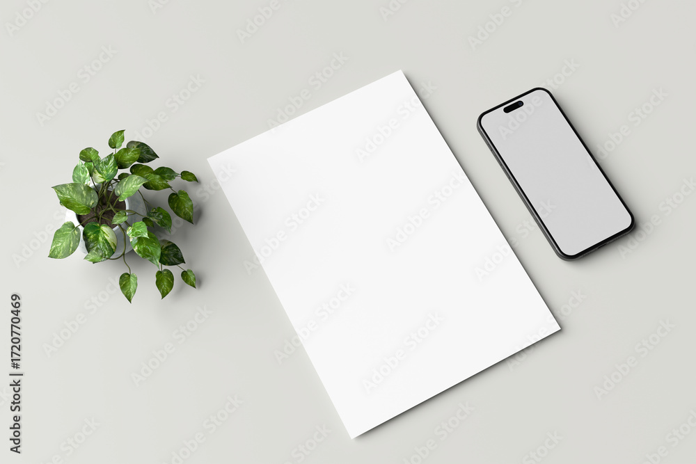 Poster realistic a4 blank paper and smartphone mockup isolated on a gray background. 3d rendering