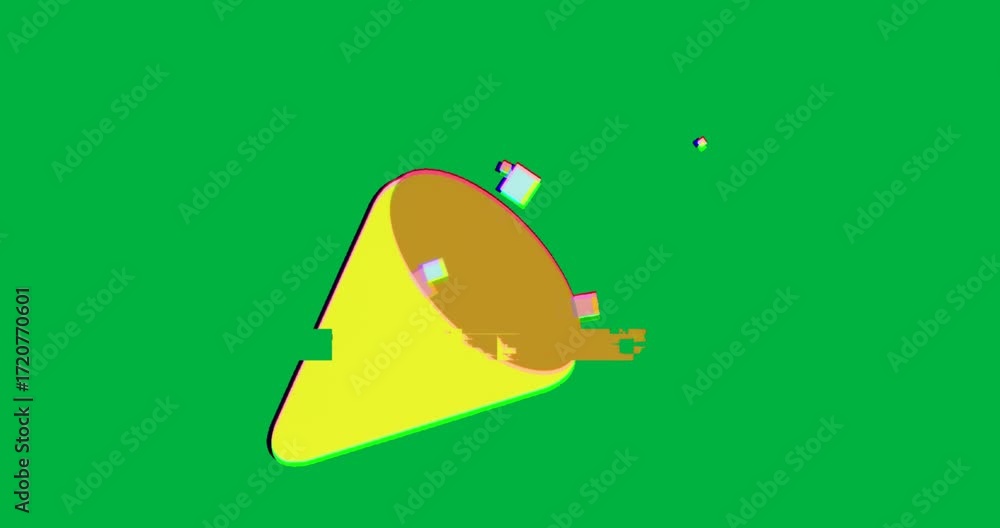 Poster tech designer viewing floating yellow wedge prism on transparent canvas, showing neon glitch cubes