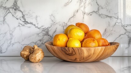Fresh Citrus Fruits on a Marble Countertop in Wooden Bowl