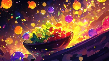 Vibrant Bowl of Fruits Surrounded by Colorful Orbs and Light
