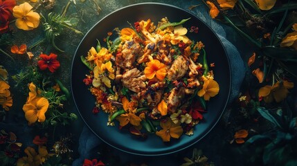 Vibrant Bowl of Grilled Chicken with Colorful Edible Flowers