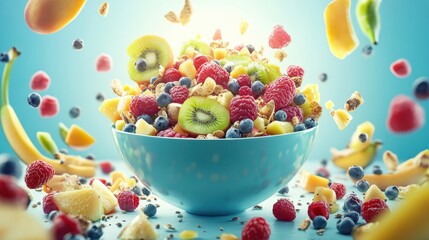 Vibrant Fresh Fruit Salad with Berries and Nuts Flying in Air