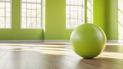 Vibrant Green Exercise Ball in Modern Bright Room with Windows