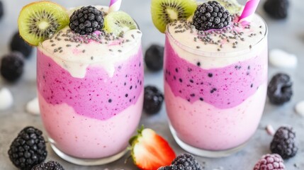 Vibrant Smoothie with Berries and Kiwi in Clear Glasses