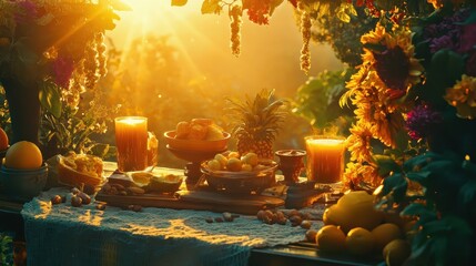 Vibrant Sunset Table with Fruits and Flowers in a Rustic Setting