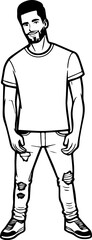 Black and white illustration of a handsome man in casual style minimalist modern line art drawing
