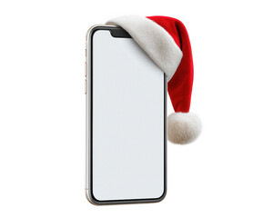 Mobile phone Santa hat holiday Christmas digital festive celebration red white technology cheerful. Mobile phone with Santa hat creates festive holiday atmosphere blending technology and Christmas