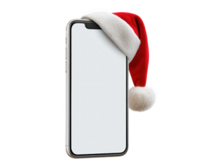 Mobile phone Santa hat holiday Christmas digital festive celebration red white technology cheerful. Mobile phone with Santa hat creates festive holiday atmosphere blending technology and Christmas