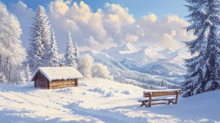 beautiful winter landscape with snow-covered spruce forest, small wooden hut and wooden bench on the background of blue sky with clouds. carpathian mountains