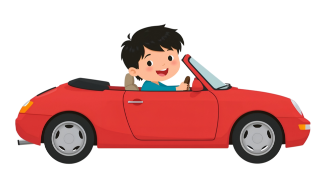 Cartoon boy with black hair driving a red convertible car isolated on a transparent background