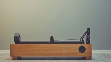 Wood Pilates reformer on a minimalist background for wellness therapy