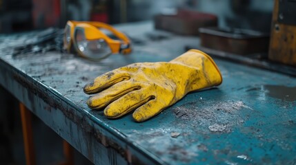 Yellow Rubber Glove on Industrial Workshop Table with Tools Nearby