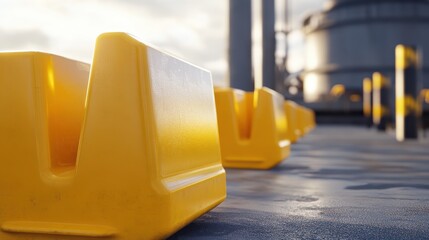 Yellow Safety Barriers on Industrial Floor with Blurred Background