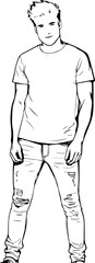 Black and white illustration of a handsome man in casual style minimalist modern line art drawing