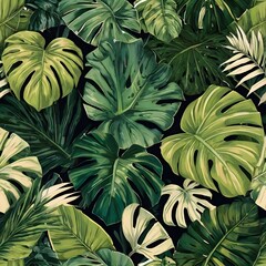 Fototapeta premium Seamless wallpaper pattern with banana leaves, monstera and palm leaves, vibrant green tropical theme, exotic and lively interior design texture,Generative Ai 