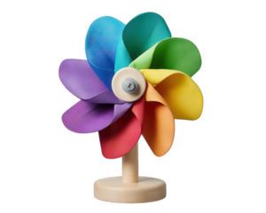 Colorful pinwheel toy with wooden base, vibrant rainbow blades, playful design, cheerful mood, suitable for children, photorealistic style, isolated on transparency background