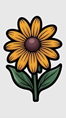 Vector illustration of a bright yellow sunflower on a white background with green leaves
